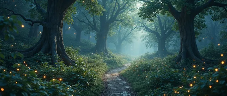 "3D image, a winding path through a forest at night, lit by thousands of fireflies forming constellations. White background (#FF...