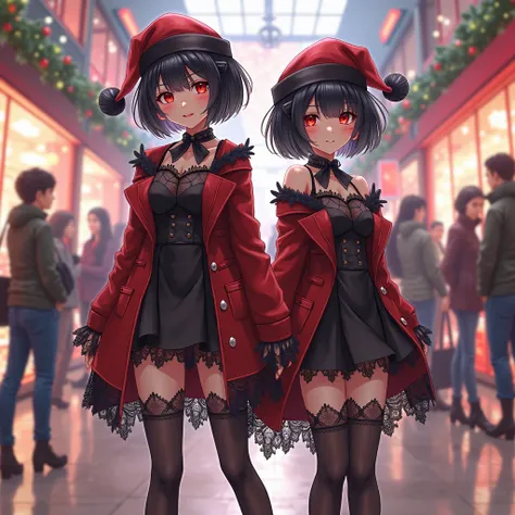 Twin girls anime short hair color black, ojos rojos, red and black translucent lace Christmas lancetry, stockings, high heels, ...