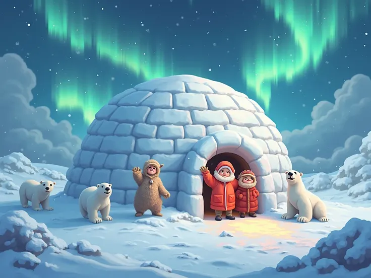 🅸 I – Igloo
A glowing cartoon igloo sits in snowy white surroundings. Two ren in bright parkas wave from the entrance. Polar bea...