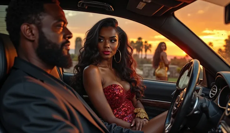 A Black billionaire disguised as a chauffeur, wearing plain clothes, sits inside a black luxury car, watching a dramatic scene u...