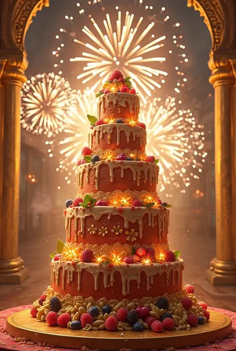 Genere me a giant spectacular colorful cake filled with fruits and nuts , behind a fireworks display in a splendid golden palace...