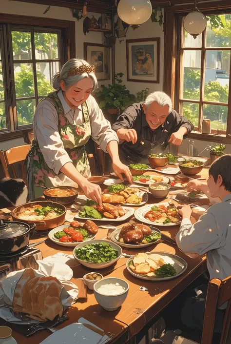 a cozy photorealistic scene of an elderly woman with a gentle smile arranging home-cooked dishes on a large wooden dining table ...