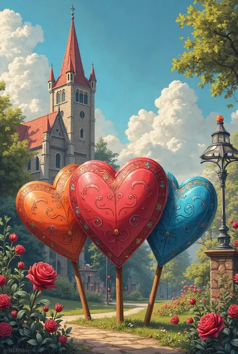 Make a sign with the three hearts of Tejina with the church in the background 