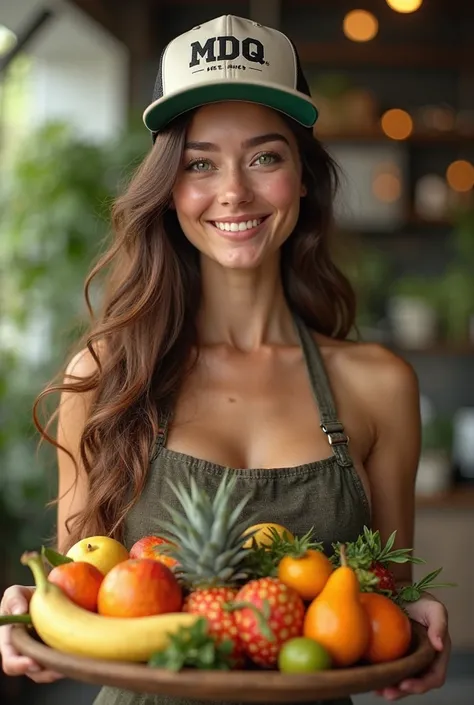 a beautiful female chef with long flowing hair, totally nude witha a cap with the name MDQ, she is holding a large  tray with en...