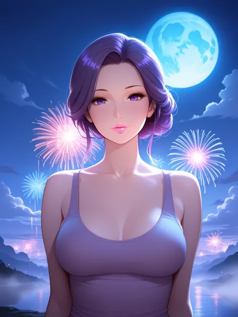 1girl, mature female, slim, medium breasts, purple hair, purple eyes, sexy eyes, pink lips, upper body, looking at viewer, tank ...