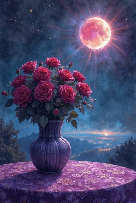 Imagine a beautiful Halloween watercolor scene with borders, black roses in a vase on a table with purple lace tablecloth
Deep...