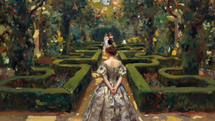40. A noblewoman stands alone in the garden maze, hands clasped, watching her former suitor walk away with another woman, her st...