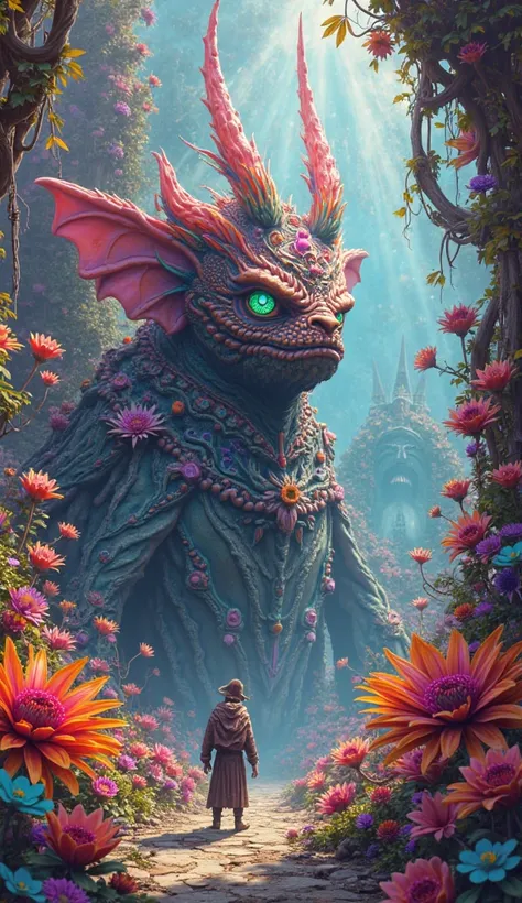 The image shows a surreal and vibrant psychedelic scene with a large and colorful anthropomorphic gargoyle-like creature among l...