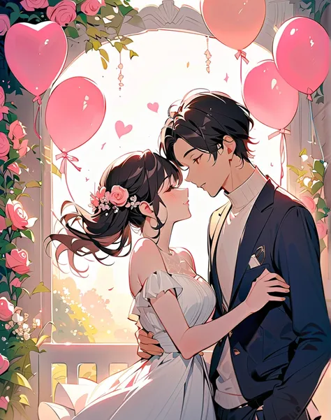 "in a dreamy garden full of blooming roses and soft sunlight、young couple standing snuggle up Romantic sight. that girl is long,...