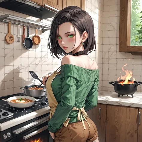 1girl,solo,Dark Hair,Wolf Shears,Hair between two eyes,Green eyes,Fine eyes,hair behind the ears,Single earring ,small earrings,...