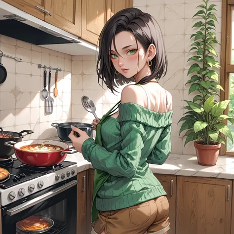 1girl,solo,Dark Hair,Wolf Shears,Hair between two eyes,Green eyes,Fine eyes,hair behind the ears,Single earring ,small earrings,...