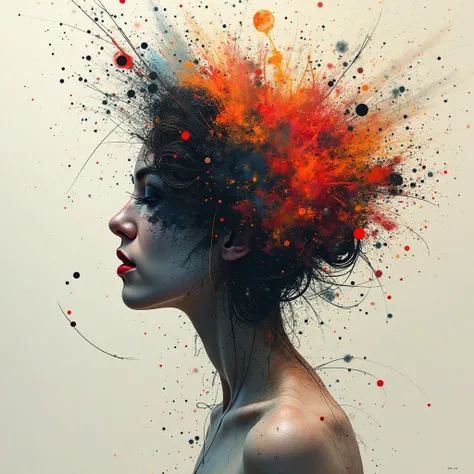 "A chaotic yet harmonious collision of brushstrokes, ink blots, and digital noise forming an ambiguous shape."