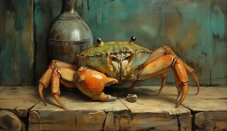 oil drawing on old and worn wood panel, still life, of crab, soft chiaroscuro lights, wu quixel megascans, hyperrealist photogra...