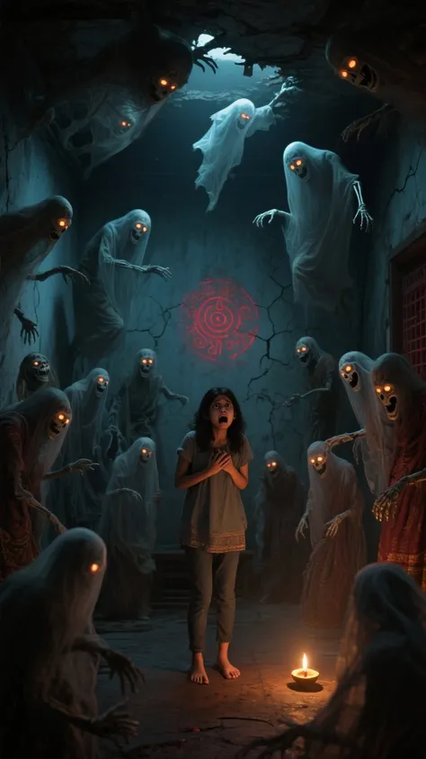 A dark, decaying room filled with dozens of terrifying pret (ghosts) — translucent, skeletal figures with hollow glowing eyes, t...