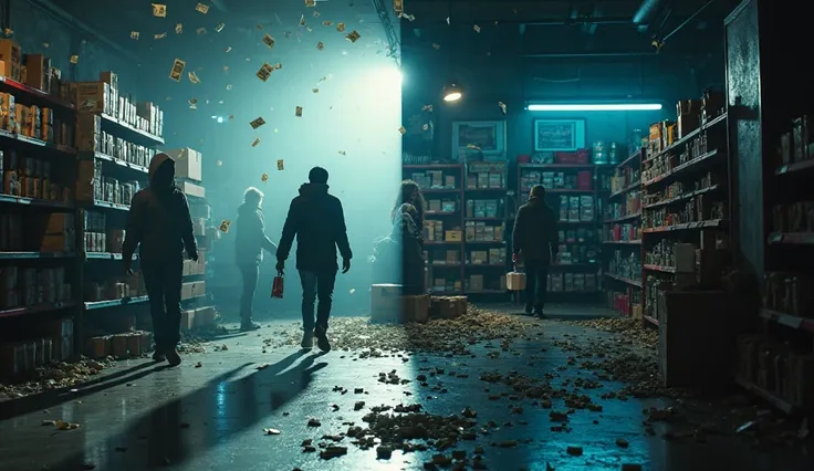 A symbolic retail store scene split in two halves. On one side, a spotlight shines on a shadowy figure stealing an item — dramat...