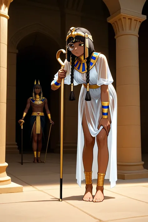brown-skinned, see-through girl wearing royal Egyptian clothing while holding a cane with both hands，Long braids for hair，Hangin...