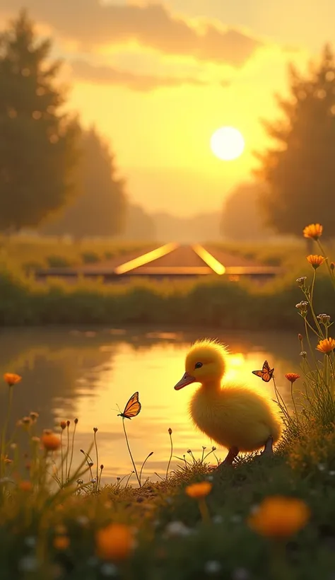 The golden sun rises, and a little yellow duckling is playing alone by the pond. Around it are flowers, grass, and butterflies. ...