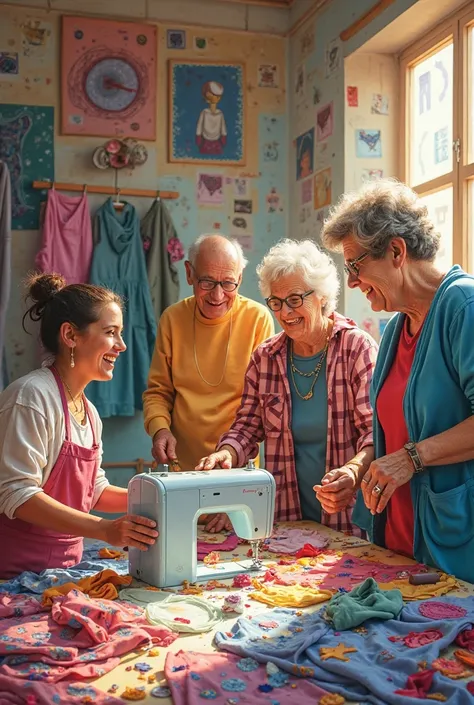 Affiche intergénérationnel sur le thème de faire du neuf avec des vieux vêtement