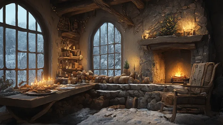 Cozy cabin with fireplace, không có cây Giáng sinhThe scene depicts a Cozy cabin with fireplace, without a rustic cafe Christmas...