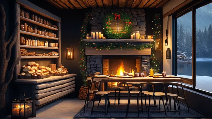 Cozy cabin with fireplace, không có cây Giáng sinhThe scene depicts a Cozy cabin with fireplace, without a rustic cafe Christmas...