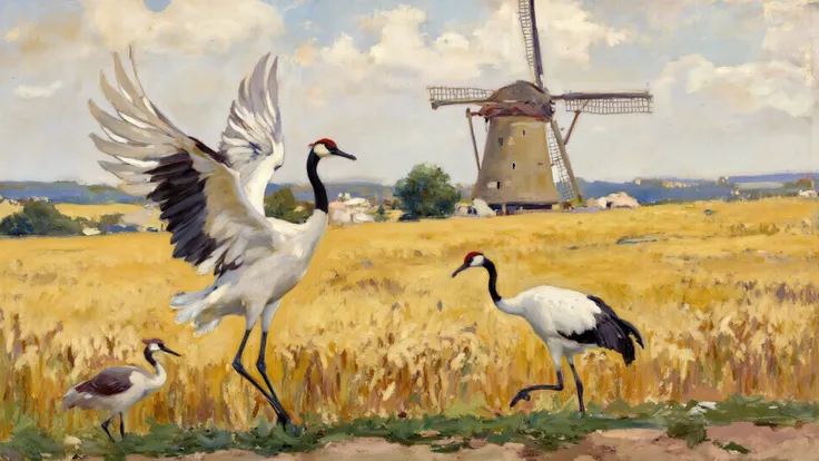 At the edge of a wheat field near a 17th century windmill, a male crane lifts his legs in a slow rhythmic dance, his wings outst...