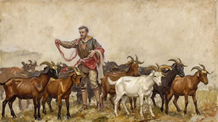Prompt 12: "Whistling loudly with Skarf in his arms, the herder rallies scattered goats who pause amid the downpour, glistening ...
