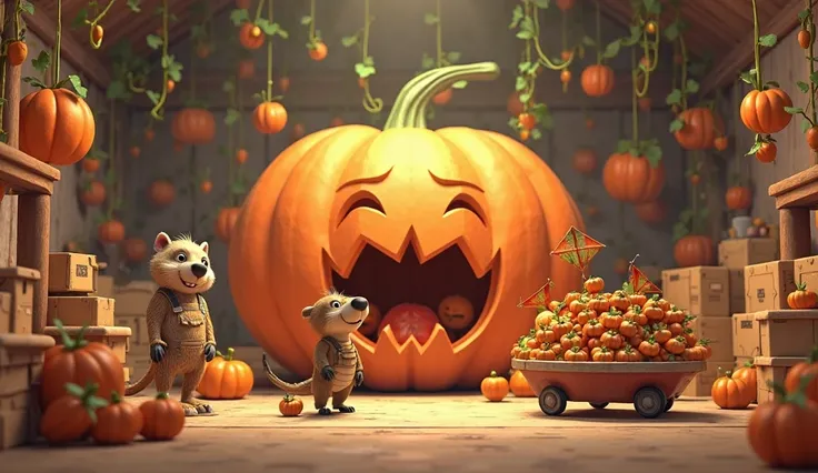 Inside a giant pumpkin workshop, s and animals work together to make pumpkin-themed toys and crafts. Gears turn, vines hang from...