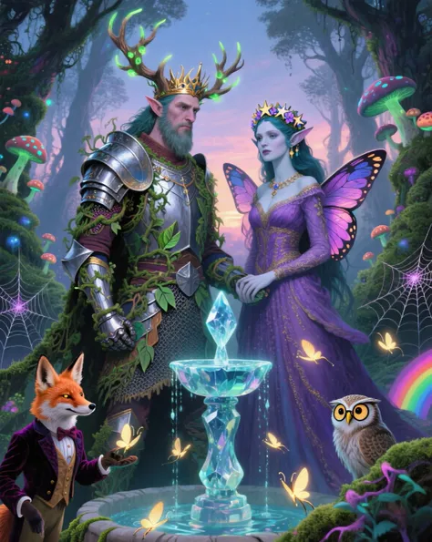 A mystical elf king and queen in a glowing forest at dusk, the king clad in armor of living vines and silver leaves, a crown of ...