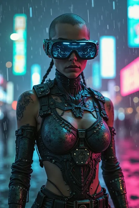 "A post-apocalyptic bionically enhanced female warrior, captured in a dynamic American medium shot (knees-up framing), wearing h...
