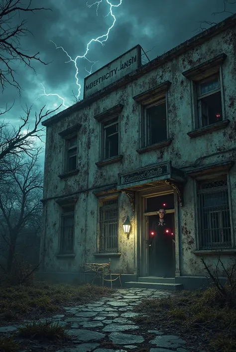 "A terrifying haunted building labeled 'Islamic University Medical Center' at midnight, abandoned and decaying. The signboard is...