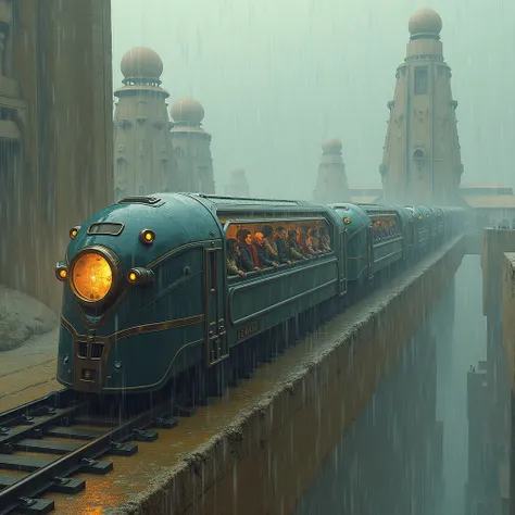A train pulling passenger cars in the rain, Arabic painting, dystopian, futuristic, concept art, detailed
