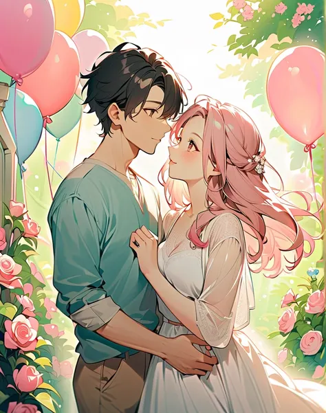 "in a dreamy garden full of blooming cherry blossoms and soft sunshine、young couple standing snuggle up Romantic sight. that gir...