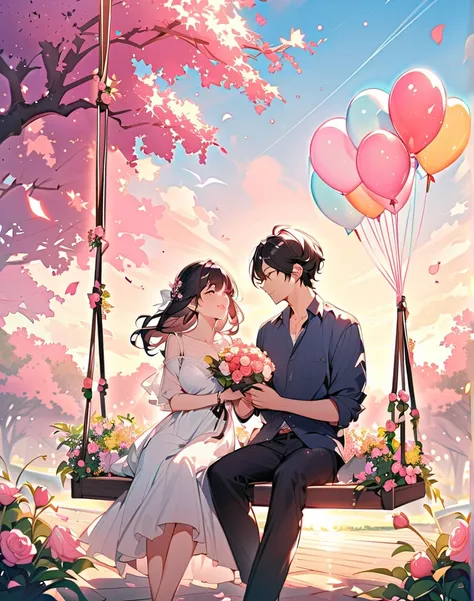 "in a dreamy garden full of blooming cherry blossoms and soft sunshine、Romantic scene of a young couple riding a swing. that gir...