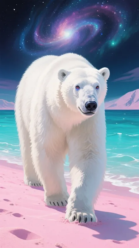 Polar bear with galaxy eyes walking on a pink sand beach with turquoise water, vibrant colors