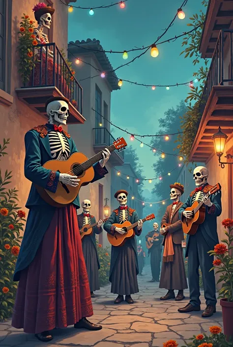 A richly detailed scene from the Day of the Dead in A town Mystic from Beyond. A romantic skeleton guitarist, dressed in an eleg...