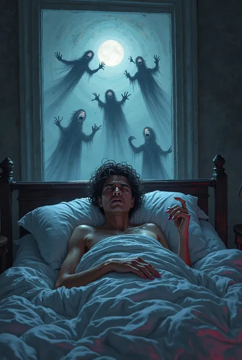 A person tossing and turning in bed, clearly distressed, caught in the grip of a vivid nightmare. The room is dimly lit by a pal...