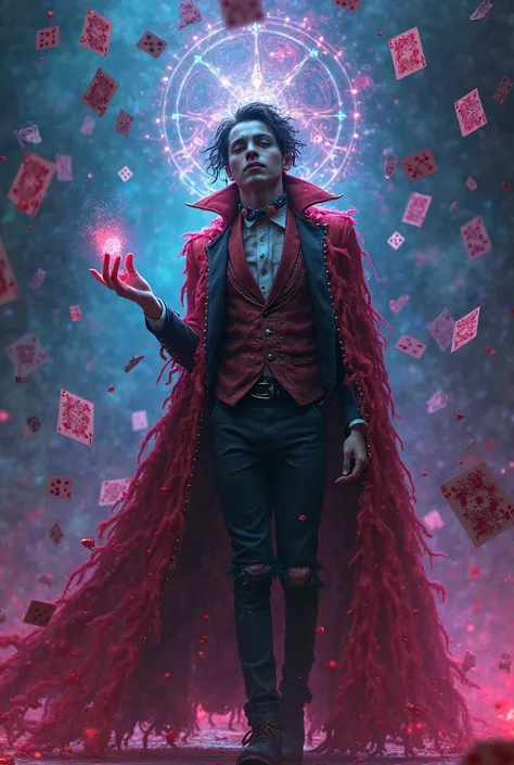 A flamboyant yet sinister young elegant warlock stands amidst floating dice and spectral playing cards, their form wreathed in t...