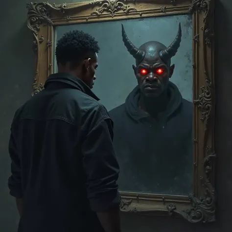 A black man standing looking at the mirror talking to himself. The scenery is mystical and intense. His reflection is an evil im...