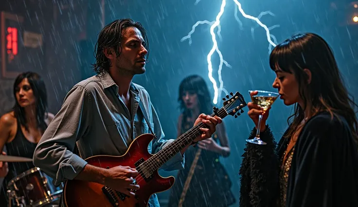 Thunder rumbles outside. A man in a rain-drenched shirt plays fiercely, his guitar echoing the storm. Female bandmates (cellist,...