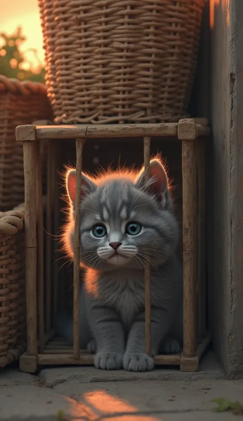 The gray kitten peeking sadly out of a small crate beside a stack of baskets, looking trapped and scared as the sun begins to se...