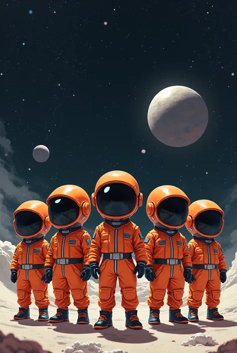 Mini anime characters wearing orange jumpsuits and black helmets in space