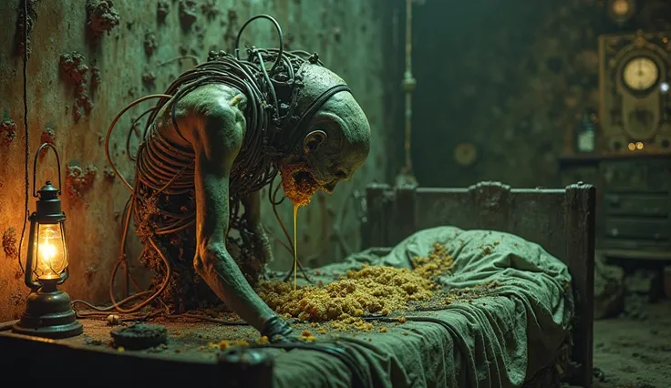 *"Dark surrealism, a hunched figure fused with a rotten bed in a cavern, face of ecstasy and decay, body merged with rusty cable...