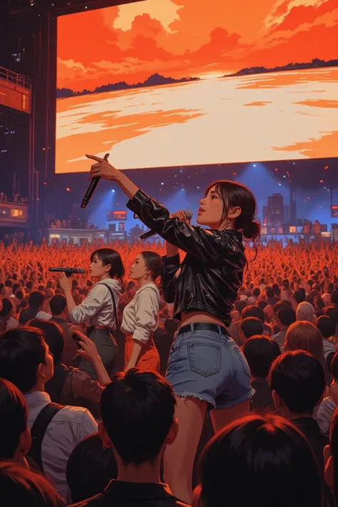 On the big stage, a female performance group performs with a microphone in their left hand。A large audience is enthusiastic in f...