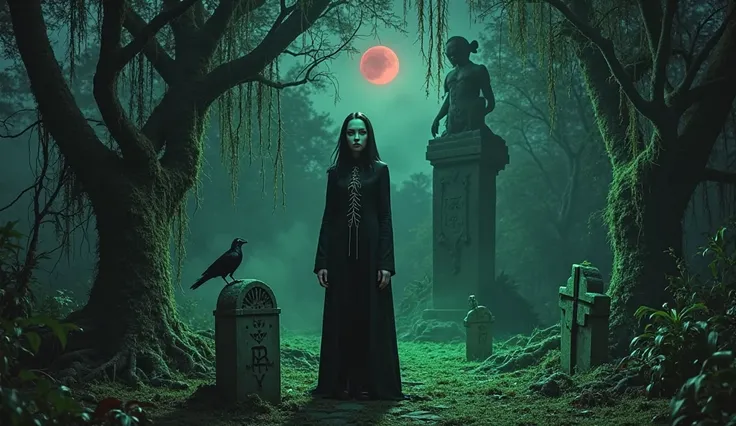 A dark, hyper-realistic cinematic poster of Wednesday Addams standing in a haunted jungle graveyard at night. Massive twisted tr...