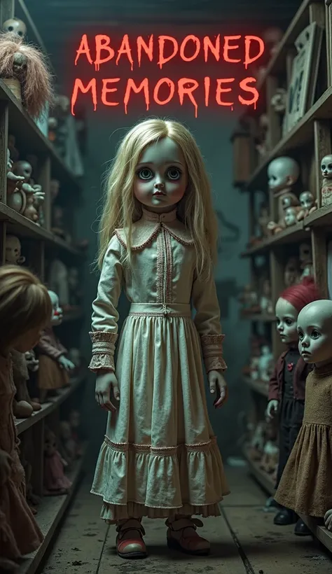 A haunted antique shop filled with creepy vintage dolls, with one large porcelain doll in a torn Victorian dress standing in the...