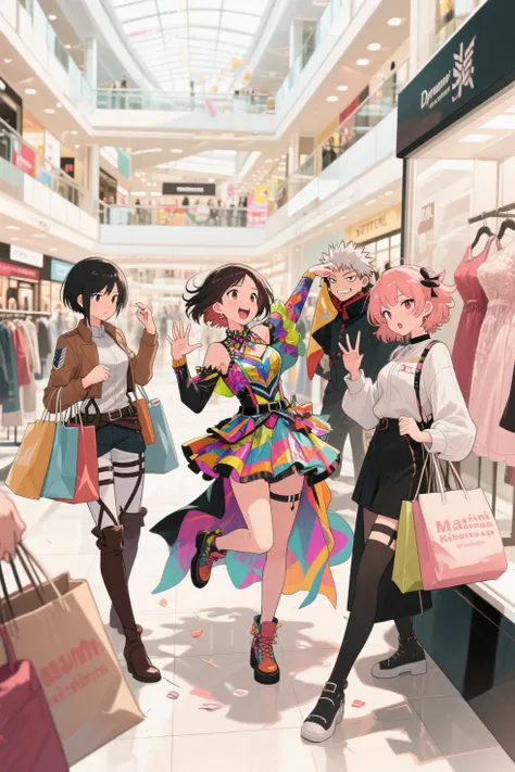 "Dynamic, high-quality illustration of a fun and chaotic shopping trip involving **Mikasa Ackerman (Attack on Titan)**, **Maki Z...