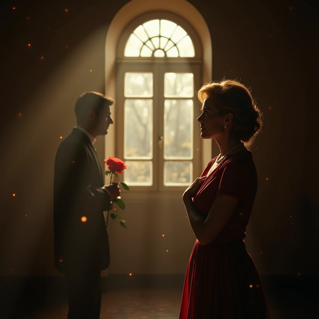 A cinematic still image in the style of a French New Wave period drama film. A mature woman stands by a softly lit arched window...