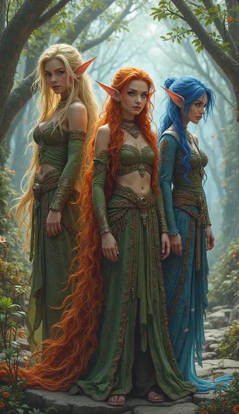 three elves in different clothes, with different hair colors and different hairstyles, fantasy style