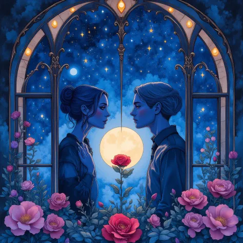 A poetic watercolor painting focused on a close-up of a mature woman and a man on opposite sides of an arched window, softly sep...