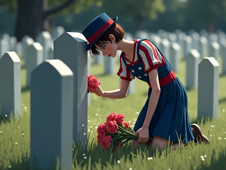ren placing flowers on military graves, wearing red, white, and blue, respectful and emotional, honoring fallen soldiers, peacef...
